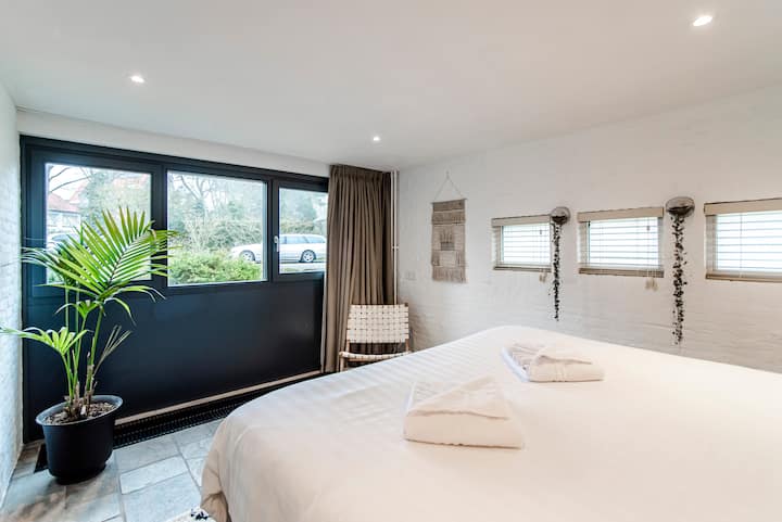 Spacious bedroom with king-size bed and large window